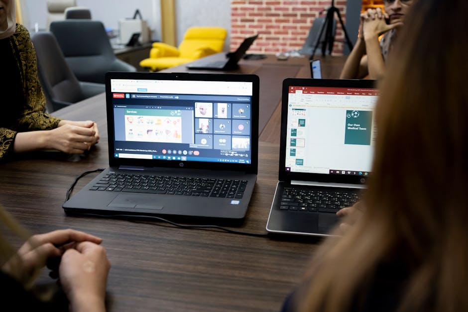 Remote team members on video call screens with collaboration tools and shared documents visible