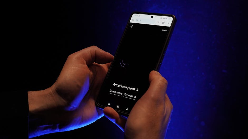 Futuristic interface showing Grok 3 AI chatbot conversation on modern device screen